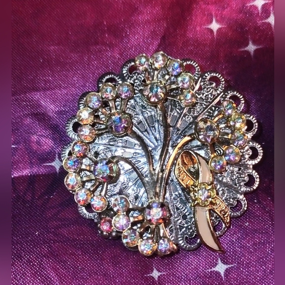 Aurora Borealis Crystals Brooch & Pink Awareness Ribbon - Picture 6 of 6